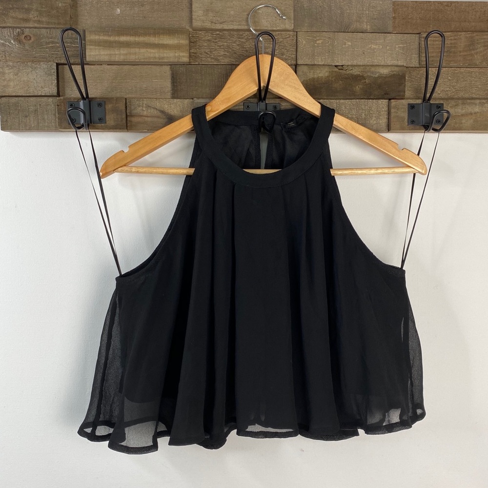 Black Sheer Halter Tank Ruffle Crop Top Medium